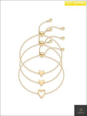 14K Gold Plated Heart Charm Bracelet Set Adjustable 9" Slider Gift for Her